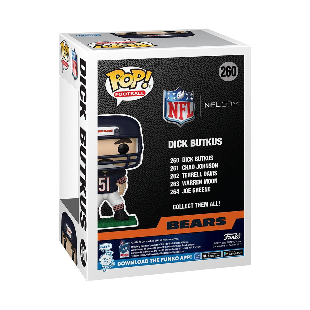 Premium imported Funko POP figure of NFL legend Dick Butkus, representing the Chicago Bears. A must-have collectible.