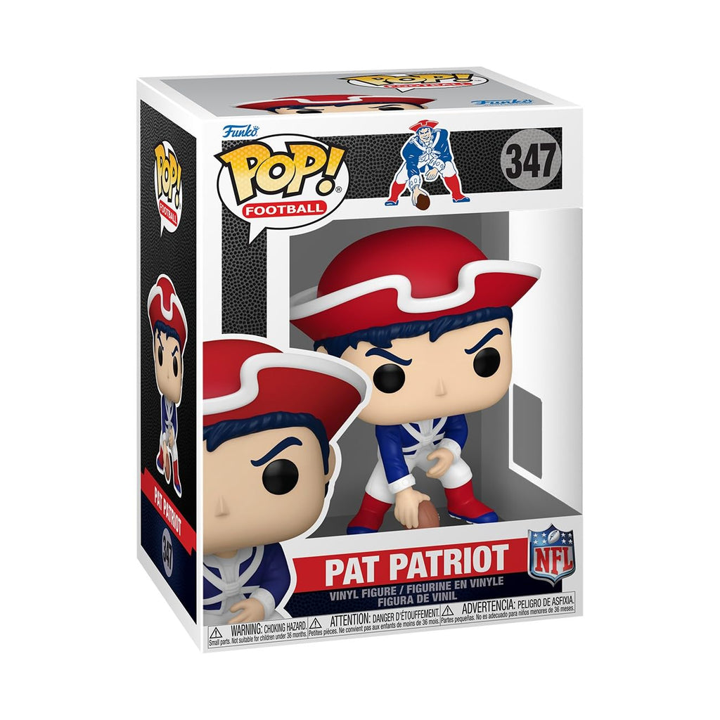 100% genuine Funko Pop! figure of Pat Patriot, the NFL mascot for the New England Patriots, in a stylish box.