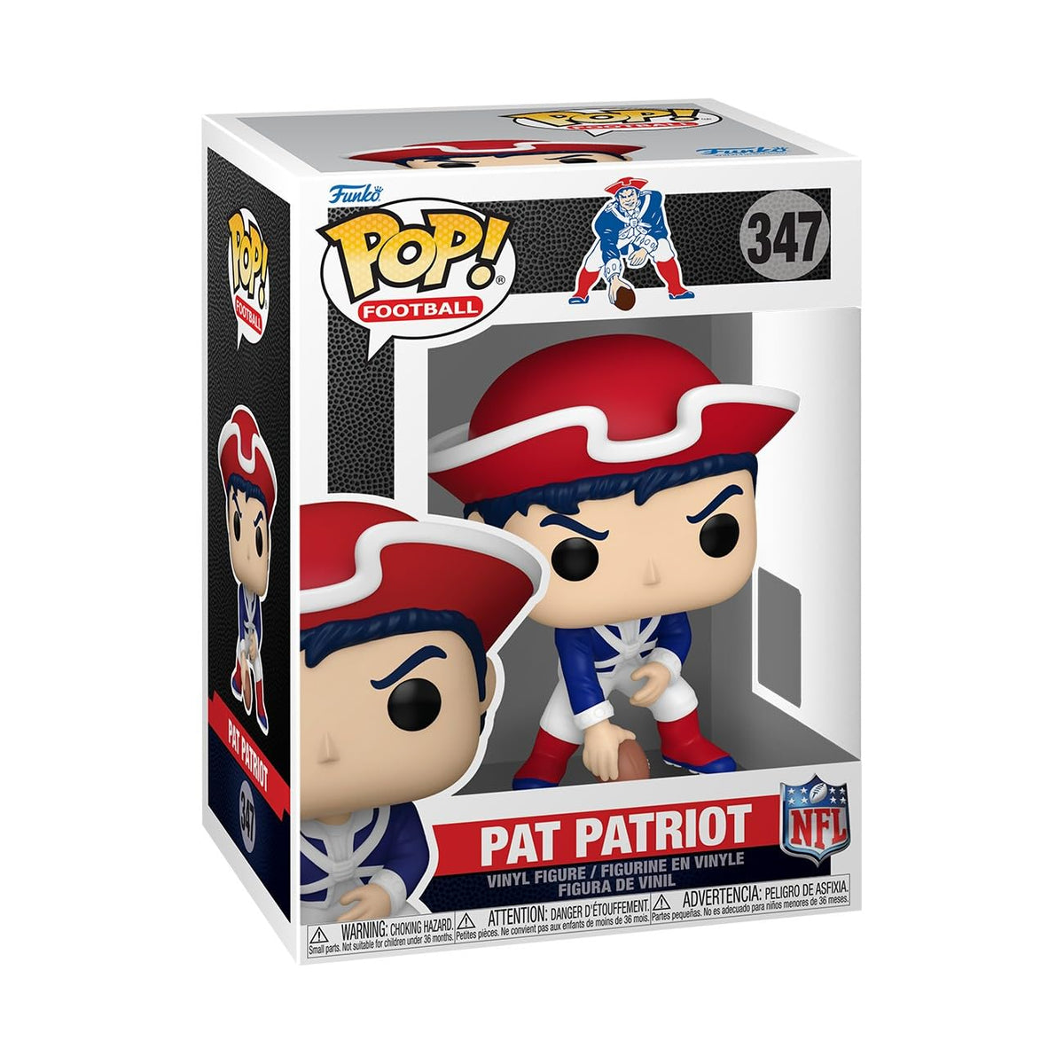 100% genuine Funko Pop! figure of Pat Patriot, the NFL mascot for the New England Patriots, in a stylish box.