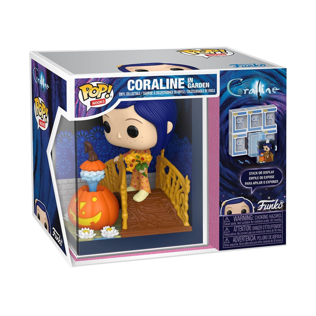 100% genuine Funko POP! Nooks Coraline figure in garden setting, featuring vibrant colors and detailed design. Perfect for collectors.