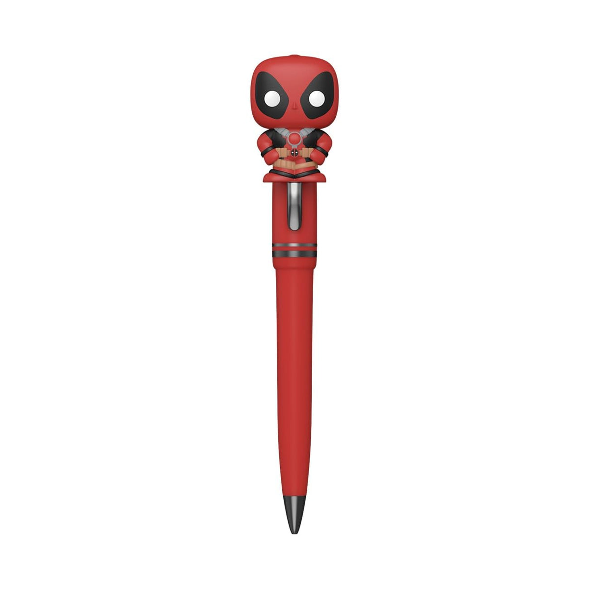 Bright red pen featuring a Deadpool Funko Pop! topper. Order now to add a collectible touch to your writing. Available in India.