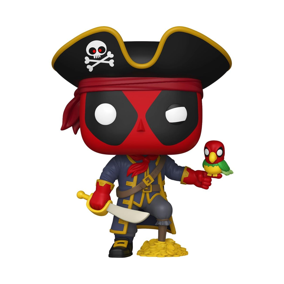 Funko POP! Deadpool in pirate attire with a parrot, featuring a treasure pile. Available in India. Order online today!