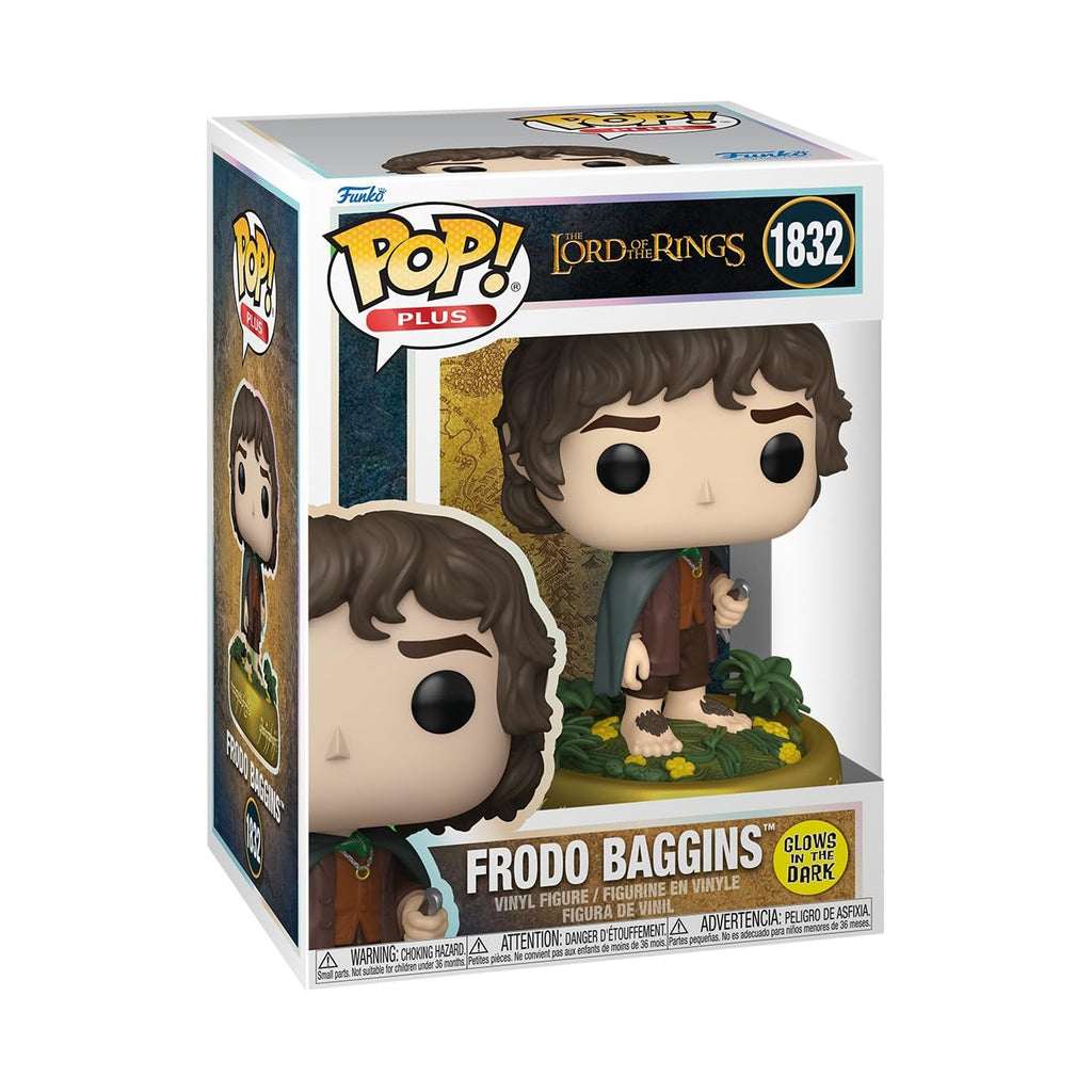 Authentic Funko POP! Plus Frodo Baggins figure from Lord of the Rings. Detail-rich, collectible glow-in-the-dark figurine.