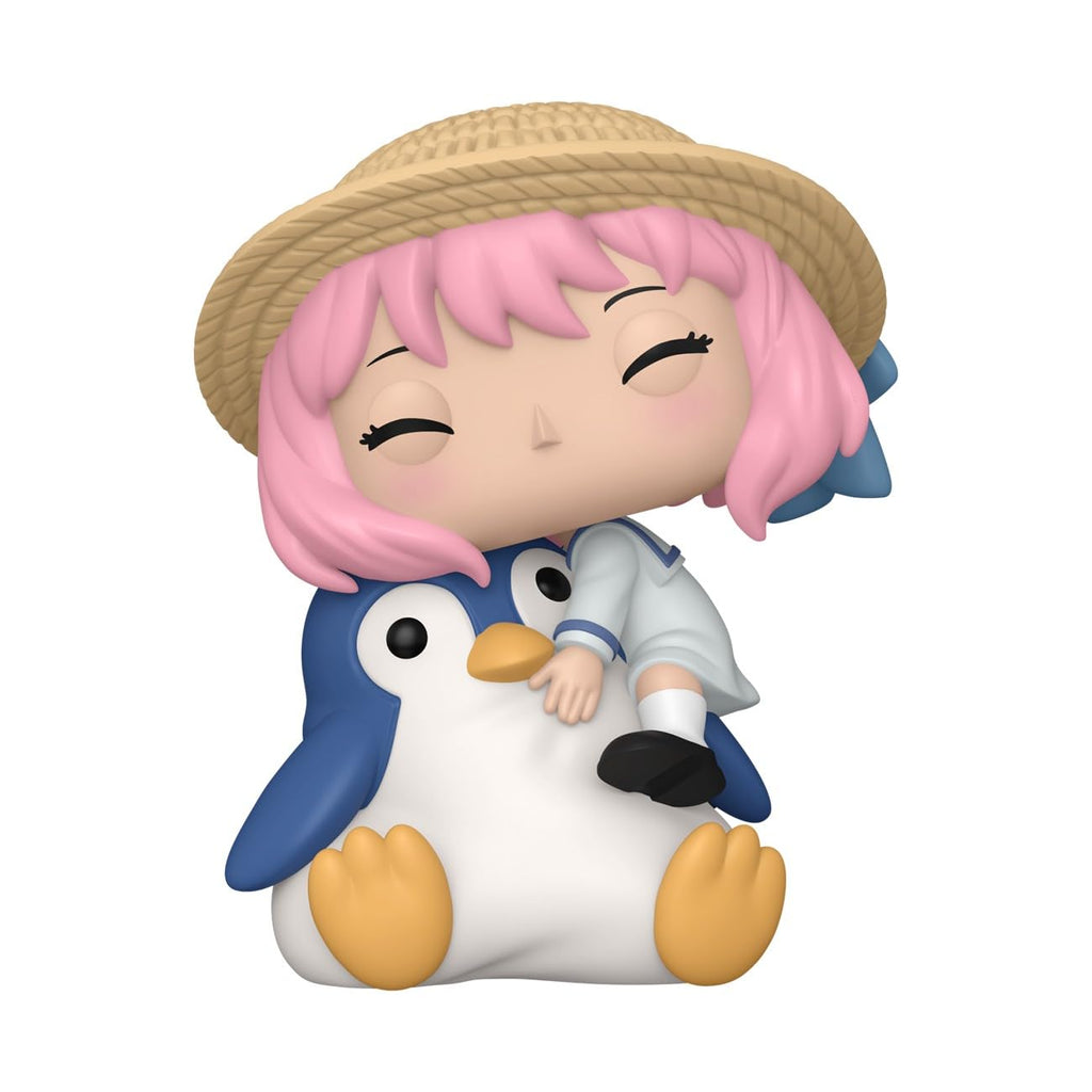 Premium imported Funko POP! figure of Anya Forger from Spy x Family, cheerfully sitting on a penguin with a straw hat.