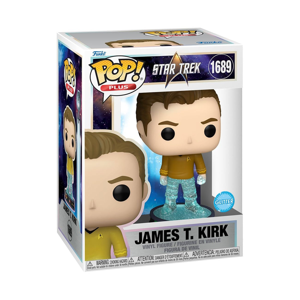 100% Genuine Funko POP! Plus figure of James T. Kirk from Star Trek, featuring a glitter base and vibrant details.