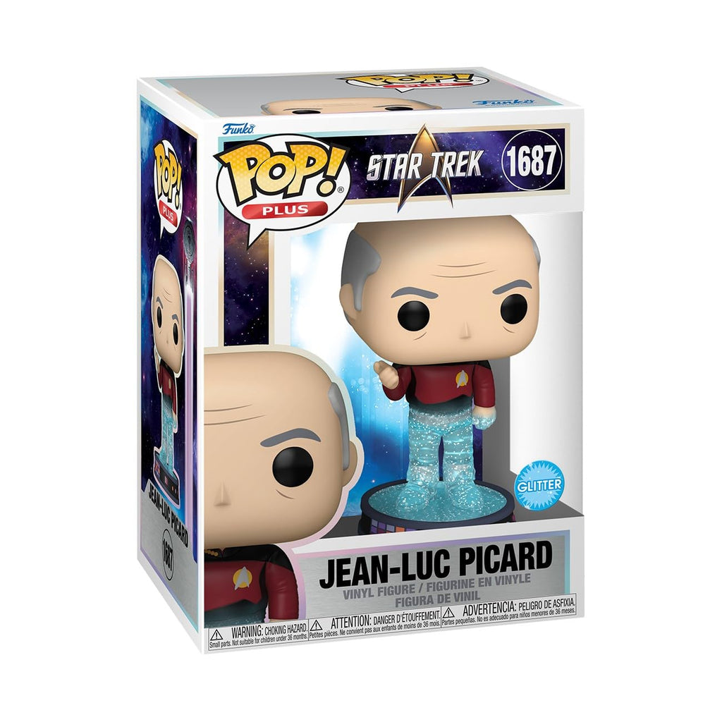 Authentic Funko POP! Plus of Jean-Luc Picard from Star Trek, featuring glitter detail and collectible box packaging.