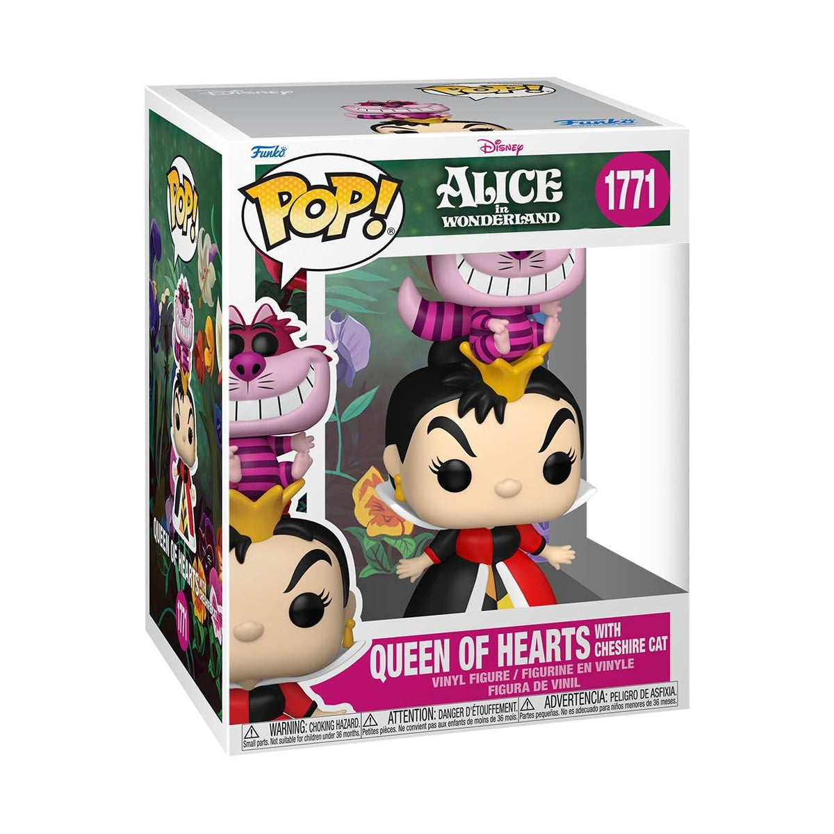 100% genuine Funko Pop! Premium figure featuring the Queen of Hearts with Cheshire Cat from Alice in Wonderland.
