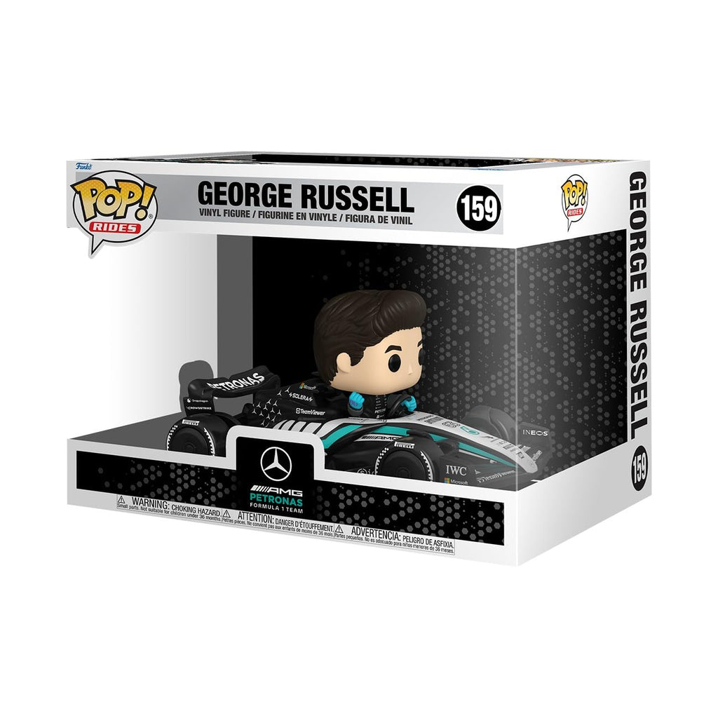 Authentic Funko Pop! Rides featuring George Russell in a Mercedes race car. Perfect collector's item for F1 fans.