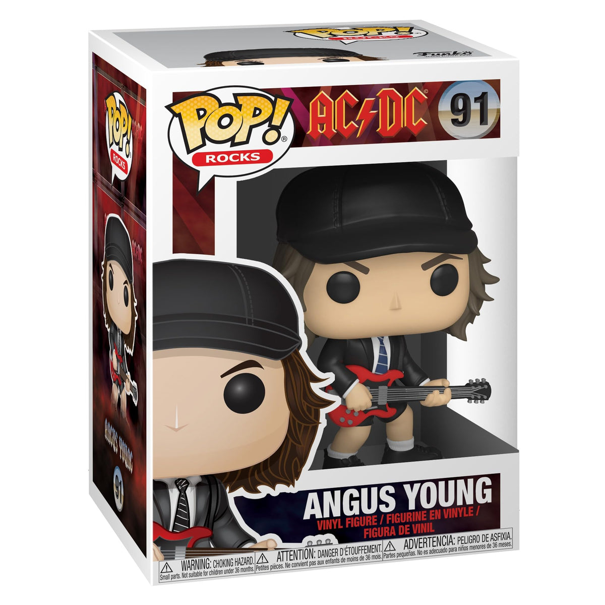Authentic Funko POP! representation of Angus Young from AC/DC, featuring vibrant details and iconic attire.