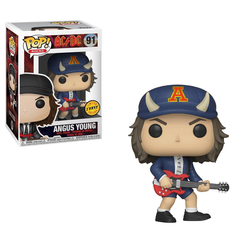 Premium imported Funko POP! figure of Angus Young from AC/DC, featuring iconic outfit and guitar.
