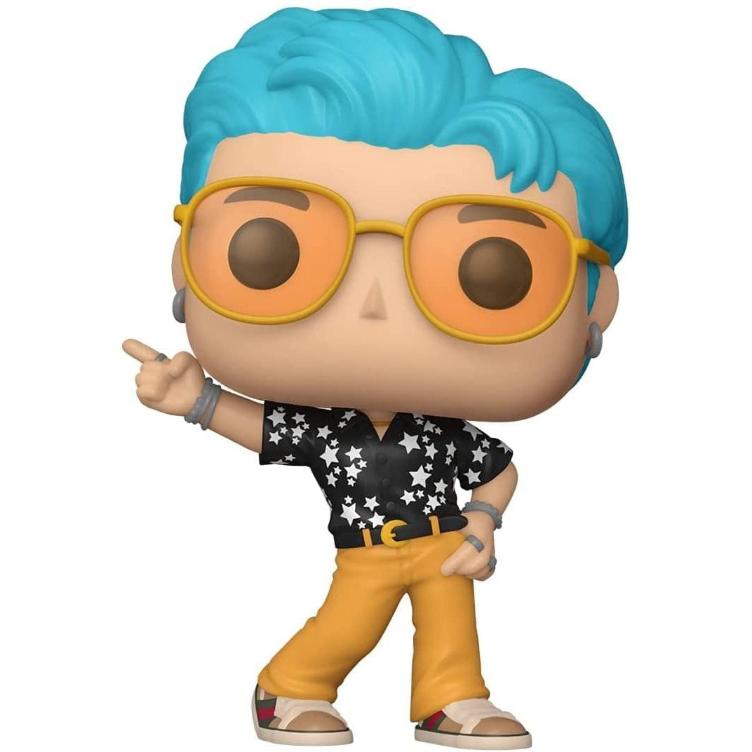 100% Genuine Funko Pop! Rocks BTS RM from 'Dynamite' with blue hair and vibrant outfit, perfect for collectors.