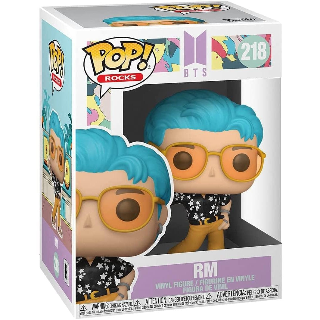 Funko Pop! figure of RM from BTS's Dynamite, featuring blue hair and sunglasses. Available for order online.