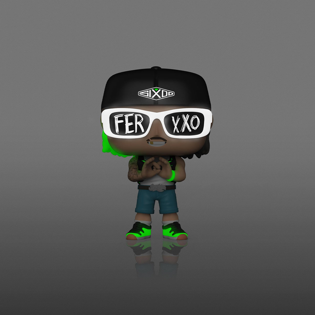 Premium imported Funko POP! Rocks Ferxxo figure, featuring vibrant green accents and signature oversized sunglasses.