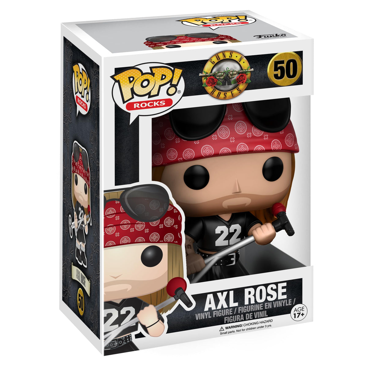100% authentic Funko POP! vinyl figure of Axl Rose from Guns N' Roses, wearing a bandana and holding a microphone.