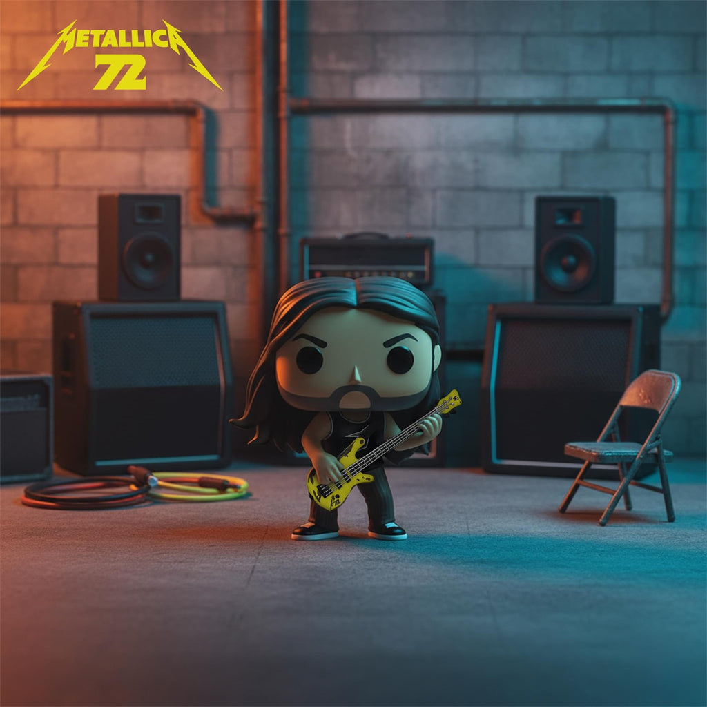 Collectible Funko POP! figure of Metallica's Robert Trujillo, set against a dramatic stage backdrop. Verified by CuratCart.