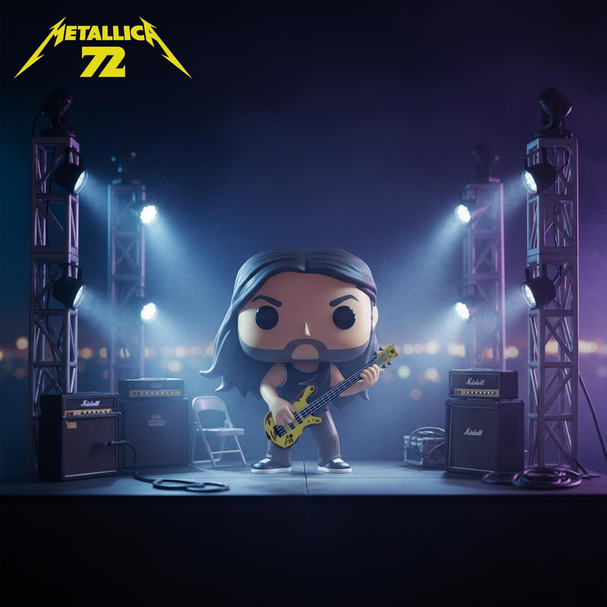 Official Funko POP! figure of Robert Trujillo from Metallica, featuring stage backdrop, instruments, and spotlight effect.