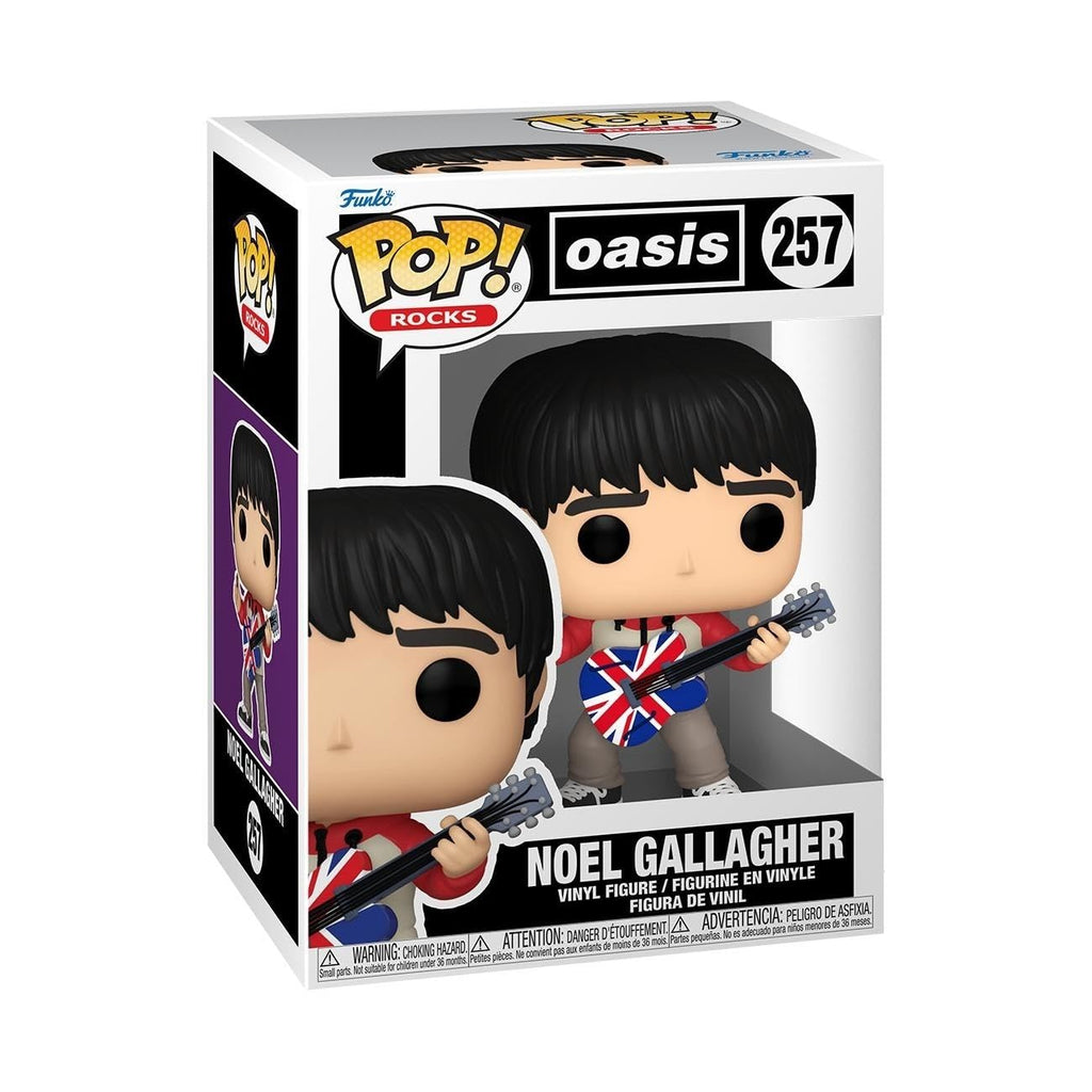 Authentic Funko POP! figure of Noel Gallagher from Oasis, dressed in Union Jack attire with guitar. Perfect for collectors!