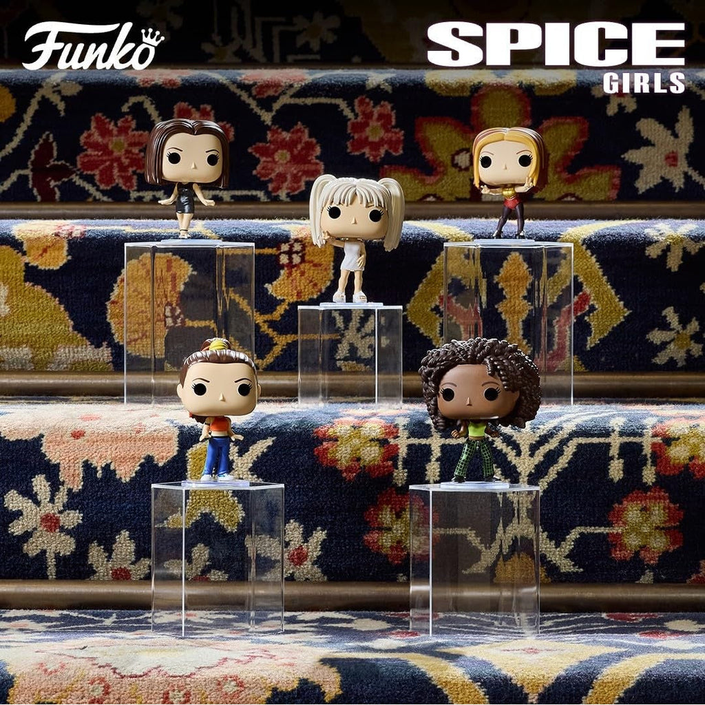 Authentic Funko POP! Spice Girls collectibles featuring Posh and all five members, showcased on a decorative carpet.