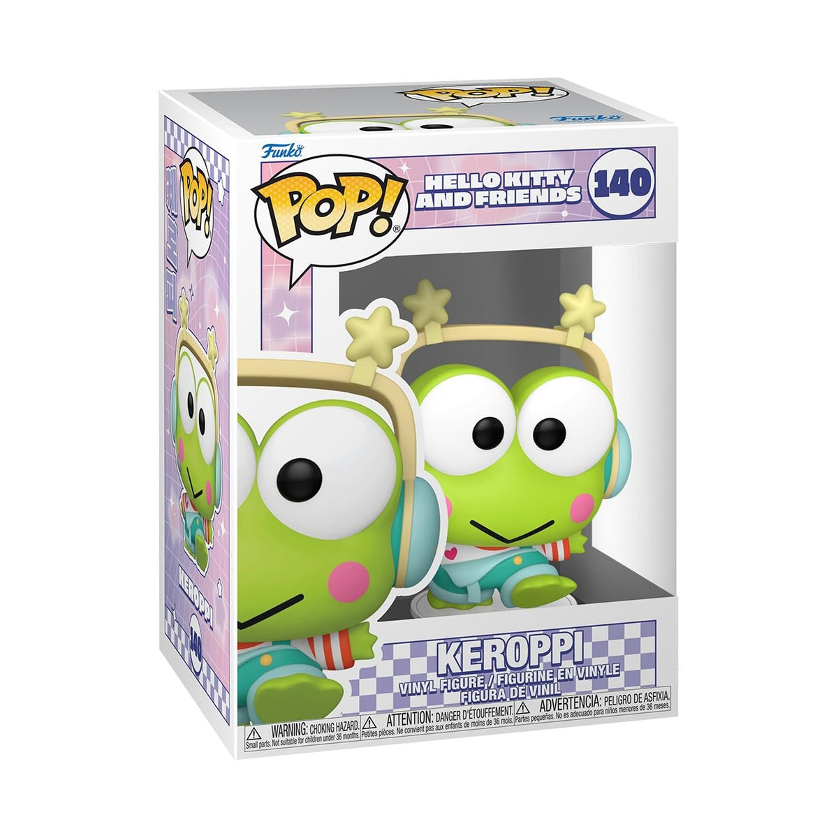 100% genuine Funko Pop! figure of Keroppi from Sanrio. Adorned with headphones, featuring bright green color and playful design.