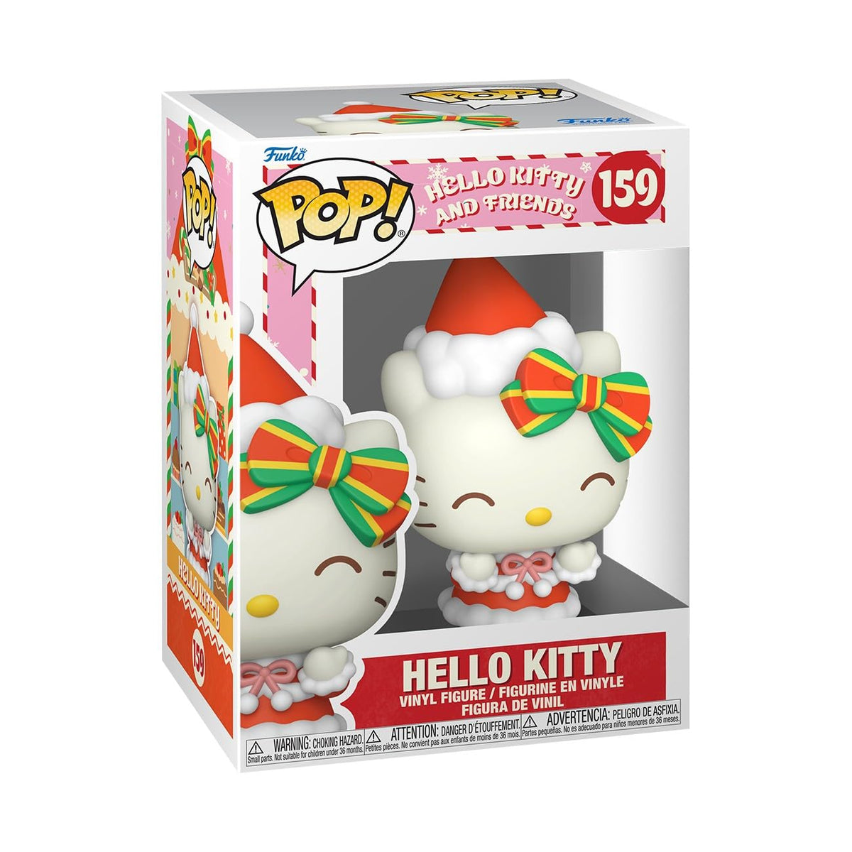 100% authentic Funko Pop! figure of Hello Kitty dressed in a festive Santa outfit with bows in a box.