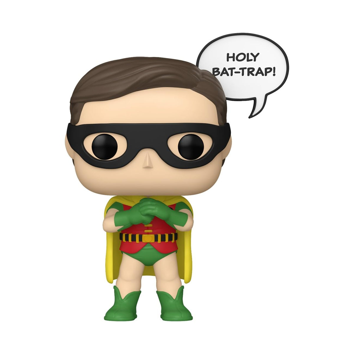 Collectible Batman '66 Robin Funko POP! figure with speech bubble saying 'HOLY BAT-TRAP!' Available online for order.