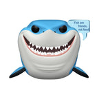 Funko POP! shark toy from Disney Pixar's Finding, featuring the saying 'Fish are friends, not food'. Available online.