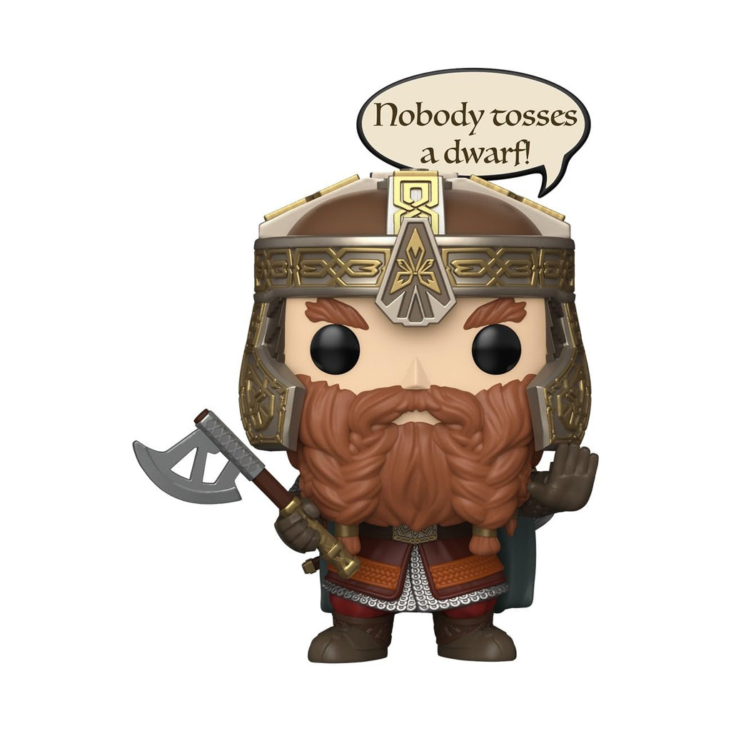 Funko POP! figure of a dwarf from Lord of the Rings, features a speech bubble saying, 'Nobody tosses a dwarf!' Available online.