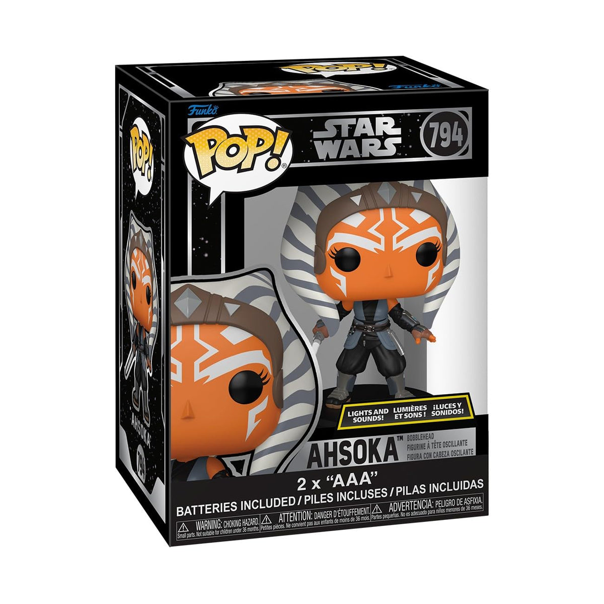 Authentic Funko POP! Ahsoka figure from Star Wars featuring lights, sounds, and an exclusive design. Batteries included.