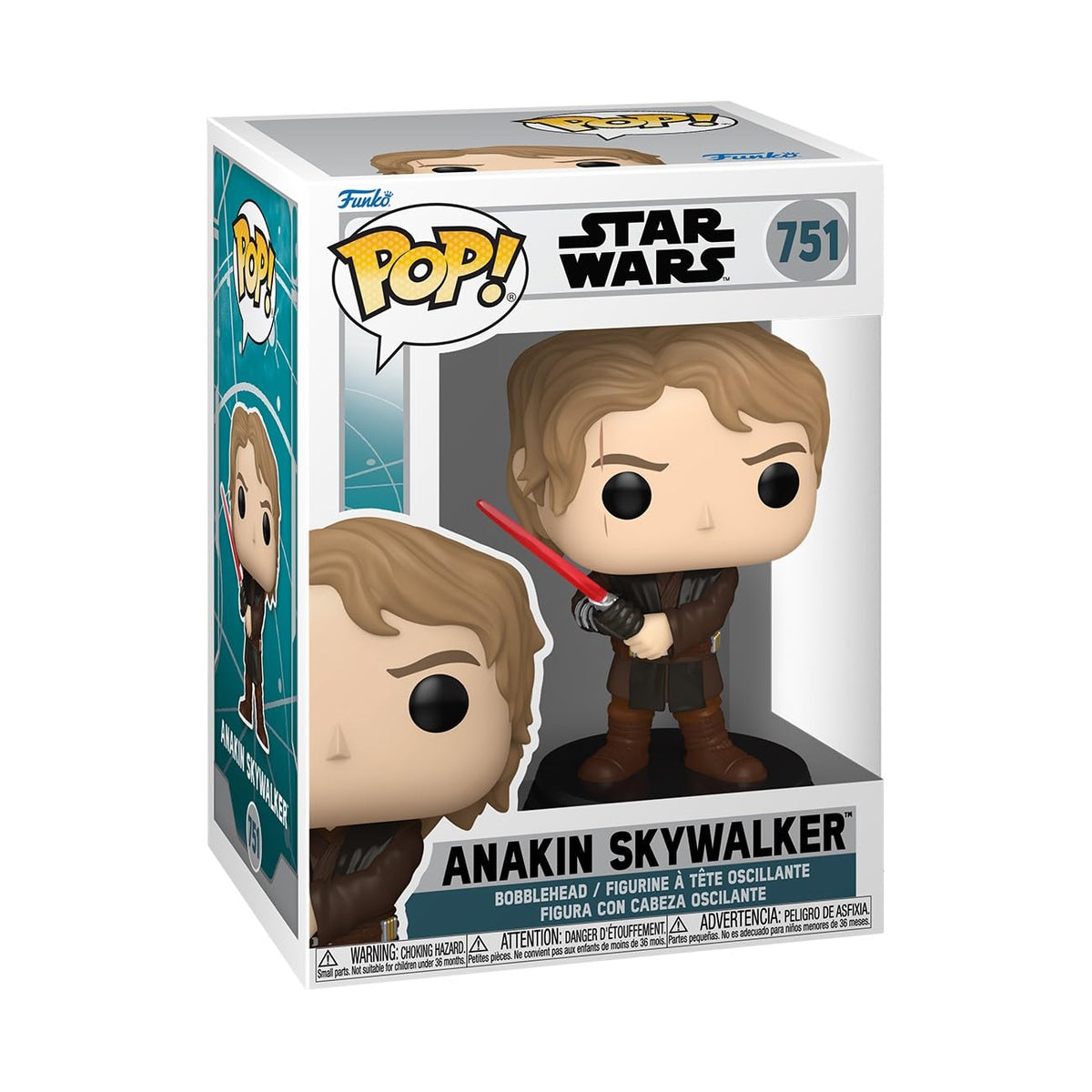 Authentic Funko POP! figure featuring Anakin Skywalker from Star Wars, holding a red lightsaber, in box packaging.
