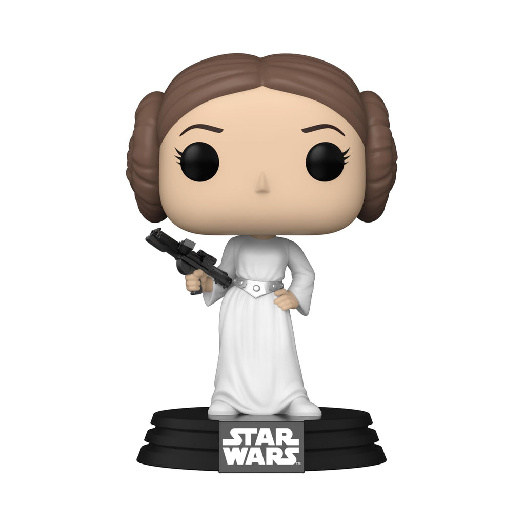 Officially licensed Funko Pop! figure of Princess Leia in white dress, holding blaster, on branded stand.