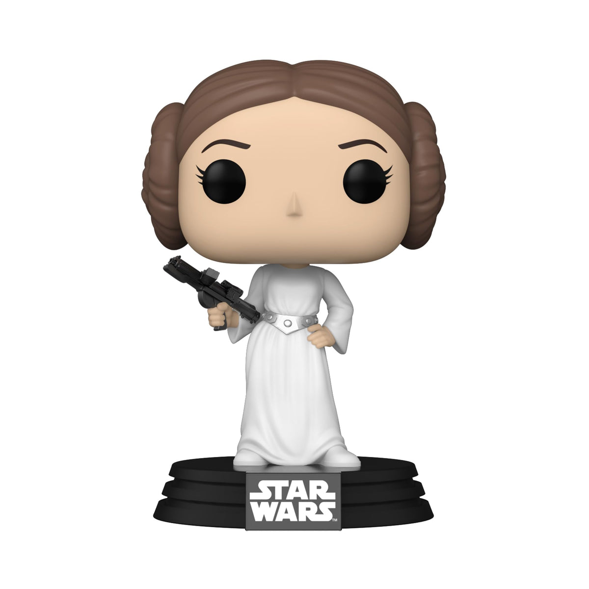 Officially licensed Funko Pop! figure of Princess Leia in white dress, holding blaster, on branded stand.