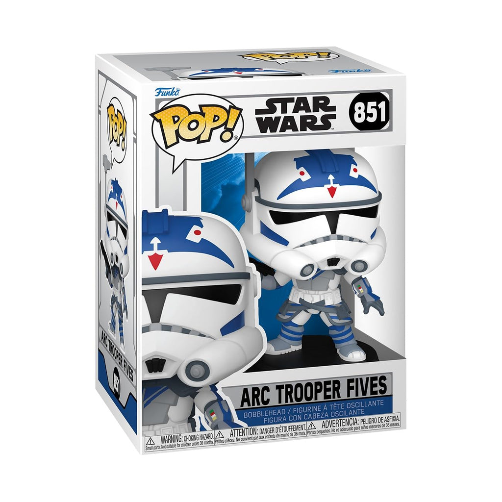 100% genuine Funko POP! Star Wars: Fives ARC Trooper collectible figure in box, featuring blue and white armor.