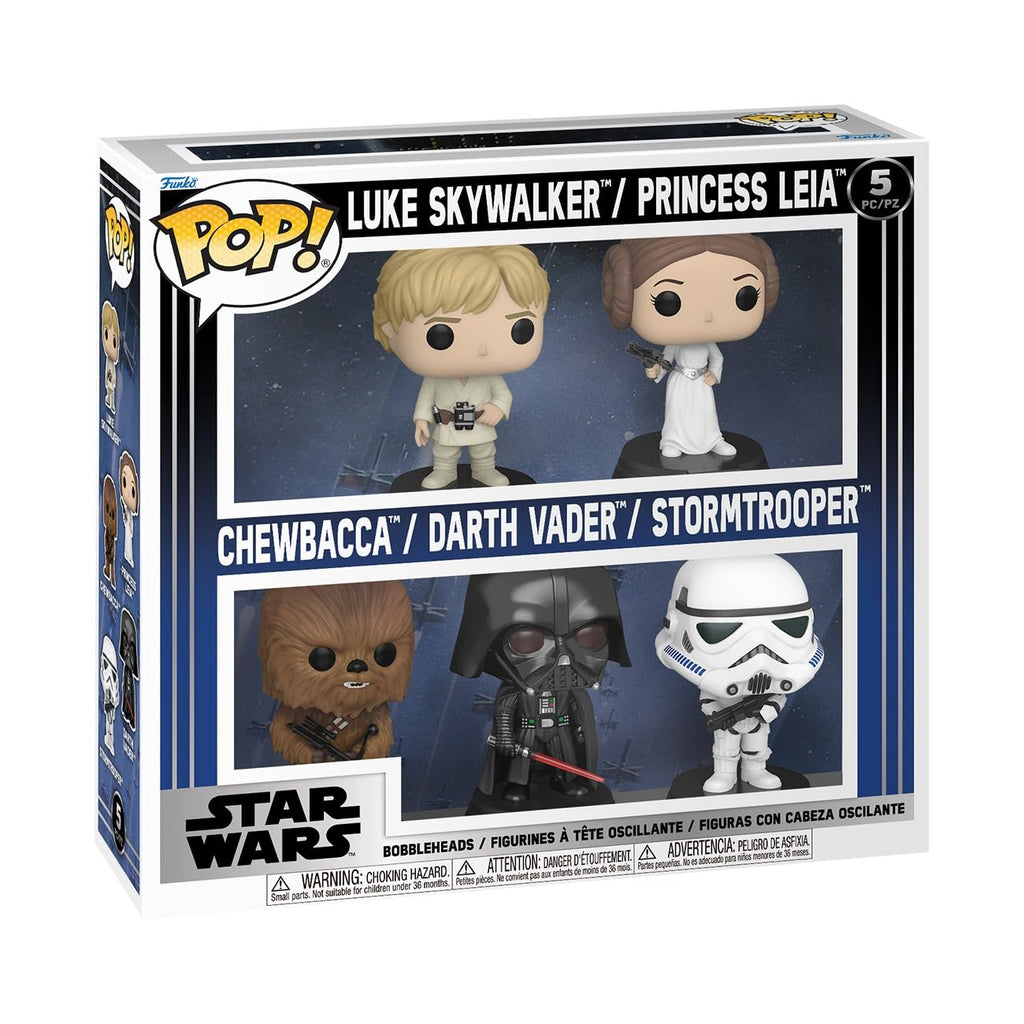 Authentic Funko Pop! Star Wars set featuring Luke Skywalker, Princess Leia, Chewbacca, Darth Vader, and a Stormtrooper.