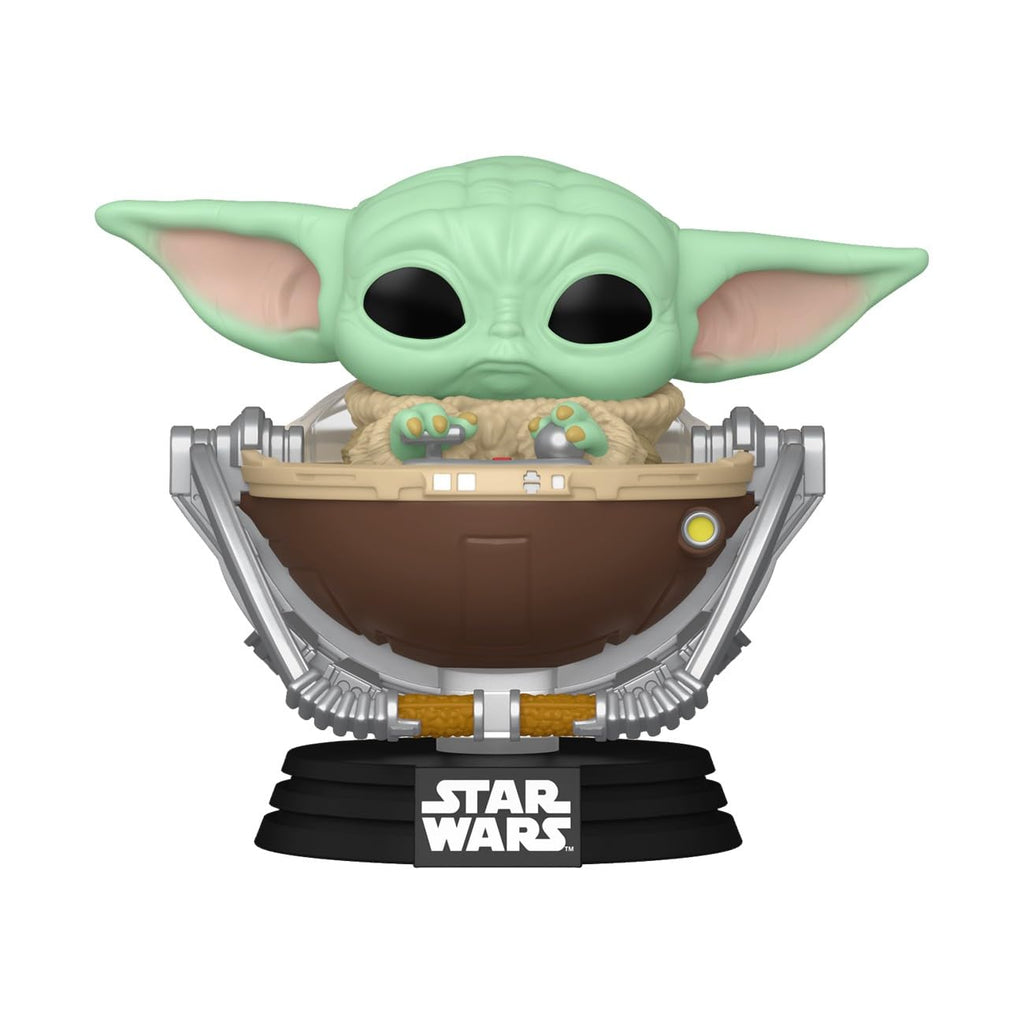 Premium imported Funko POP! features Mandalorian and Grogu in his iconic hover pod, perfect for Star Wars fans.