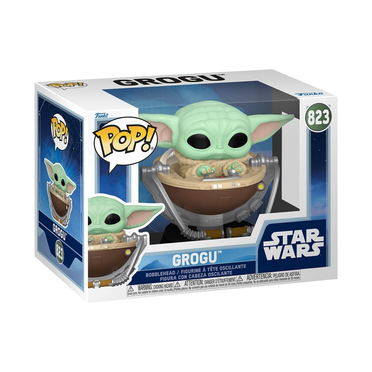100% genuine Funko POP! featuring Grogu from Star Wars: The Mandalorian in collectible display packaging.