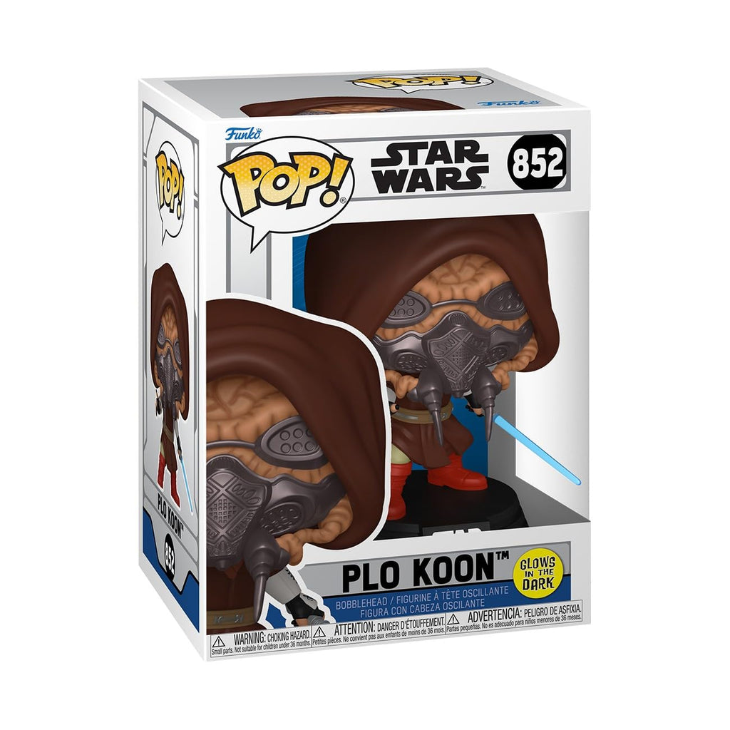 Authentic Funko POP! Star Wars Plo Koon figure, number 852, featuring detailed design and glow-in-the-dark features.
