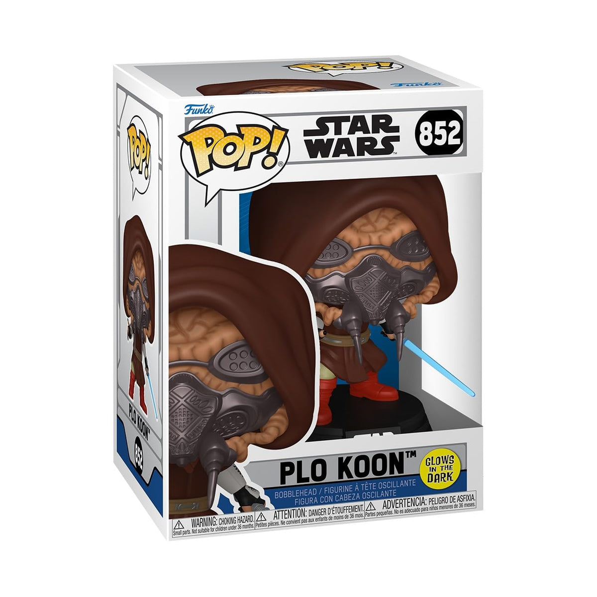 Authentic Funko POP! Star Wars Plo Koon figure, number 852, featuring detailed design and glow-in-the-dark features.