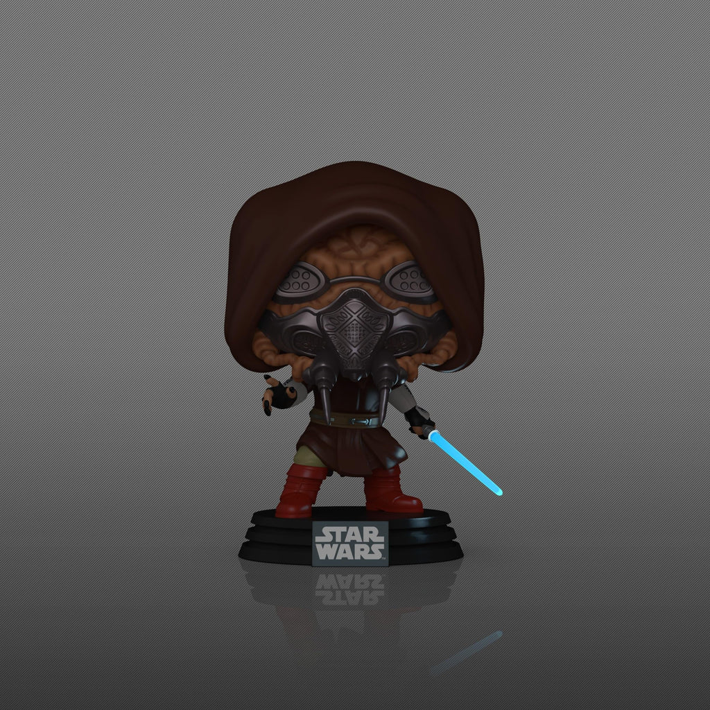 Premium imported Funko POP! figure of Plo Koon from Star Wars, featuring his signature robe and blue lightsaber.