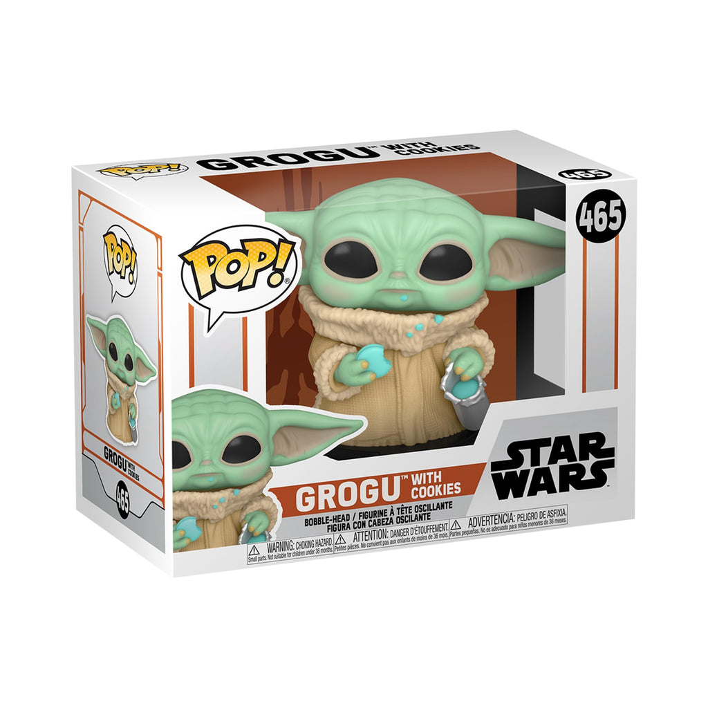 100% Genuine Funko POP! of Grogu from Star Wars: The Mandalorian, featuring the character with cookies in hand.