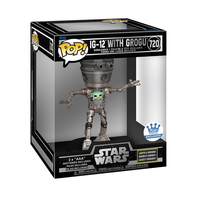 Authentic Funko Pop! IG-12 with Grogu from Star Wars: The Mandalorian. Exclusive collectible with lights and sounds.