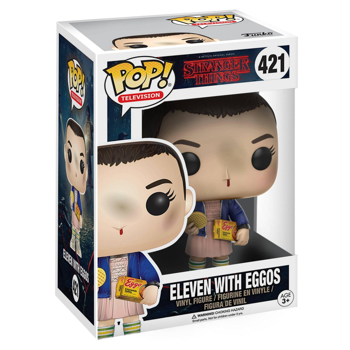 Authentic Funko Pop! figure of Eleven from Stranger Things, featuring her holding Eggos, perfect for collectors.