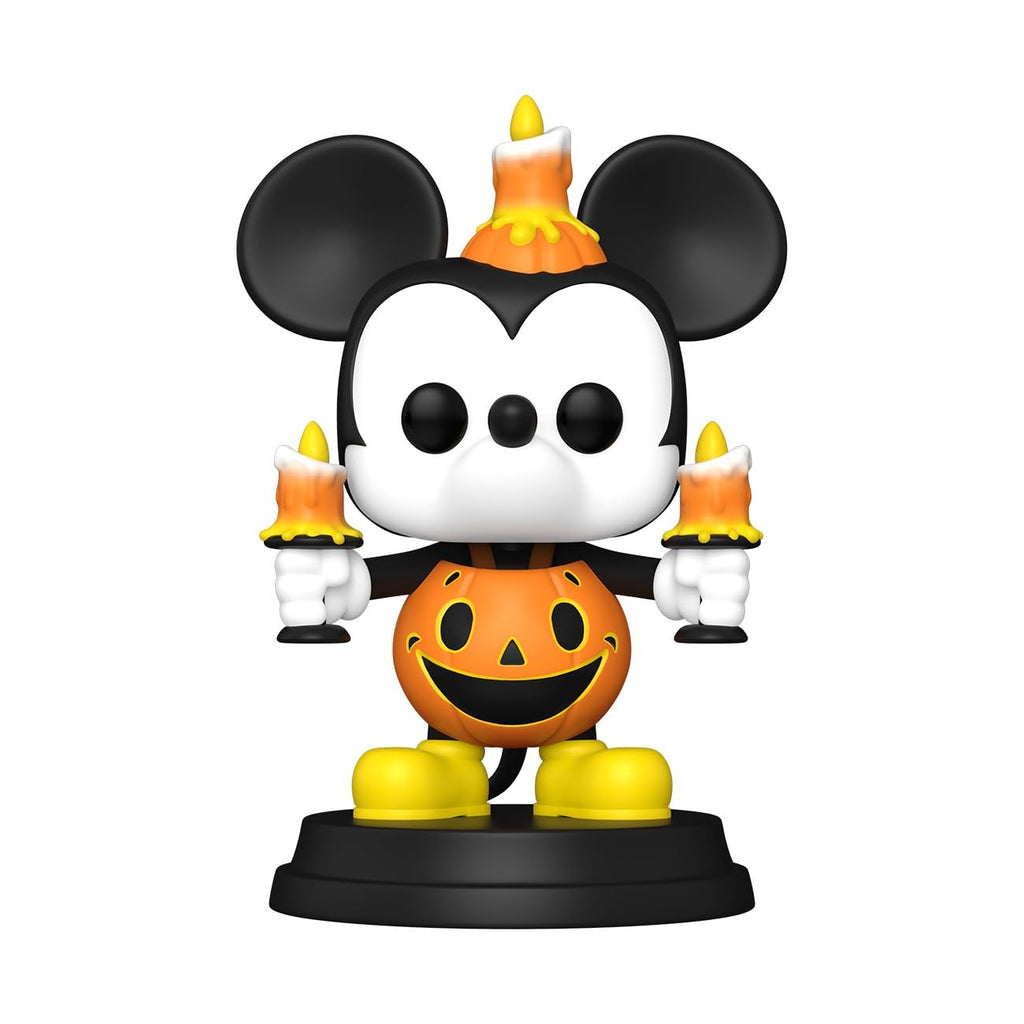 100% authentic Funko POP! Disney Mickey Mouse figure, featuring Halloween design with pumpkin and candles.