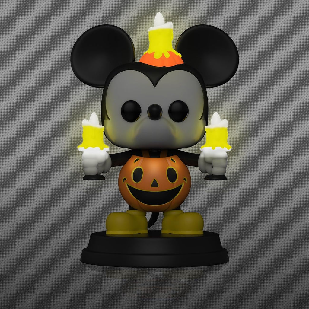 Adorable Halloween Mickey Mouse Funko POP! Exclusive with pumpkin base and glowing candles. A premium collectible from Disney.