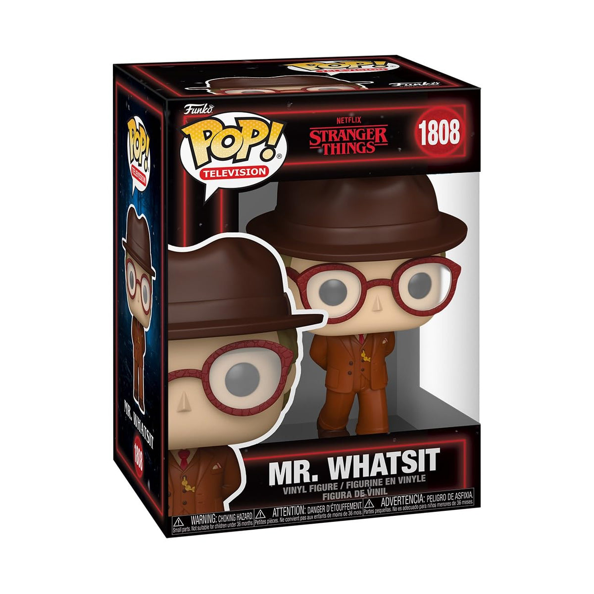 Authentic Mr. Whatsit Funko Pop! from Stranger Things, featuring stylish glasses and a brown hat. Perfect collectible!