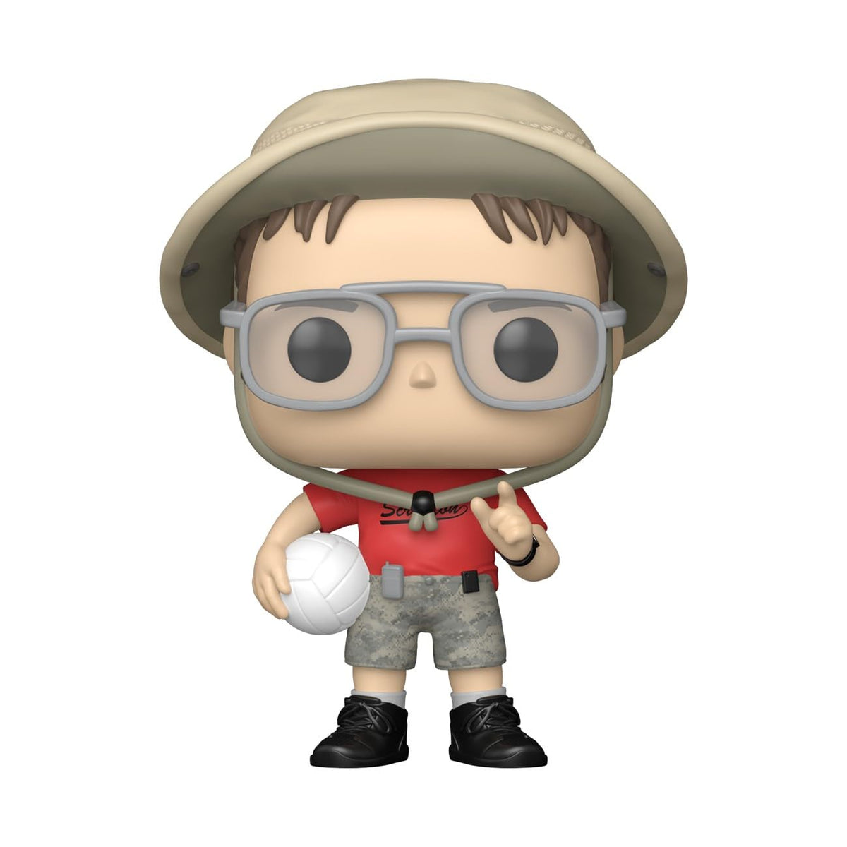 Funko POP! Dwight from The Office, wearing shorts, holding a volleyball. Available online. Order yours today!