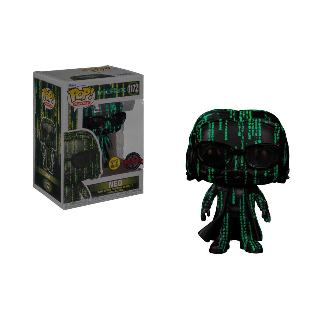 Authentic Funko Pop figure of Neo from The Matrix. 1172 exclusive with green code design and signature sunglasses.