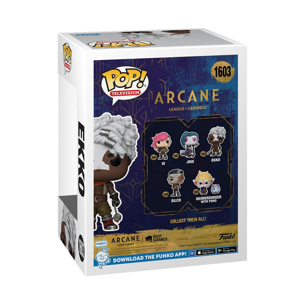 Imported Funko POP! figure of Ekko from Arcane: League of Legends with collectible options on box.