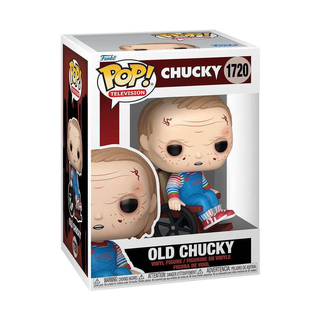100% genuine Funko POP! Old Chucky figure in a box, highlighting his iconic look with scars and a wheelchair.