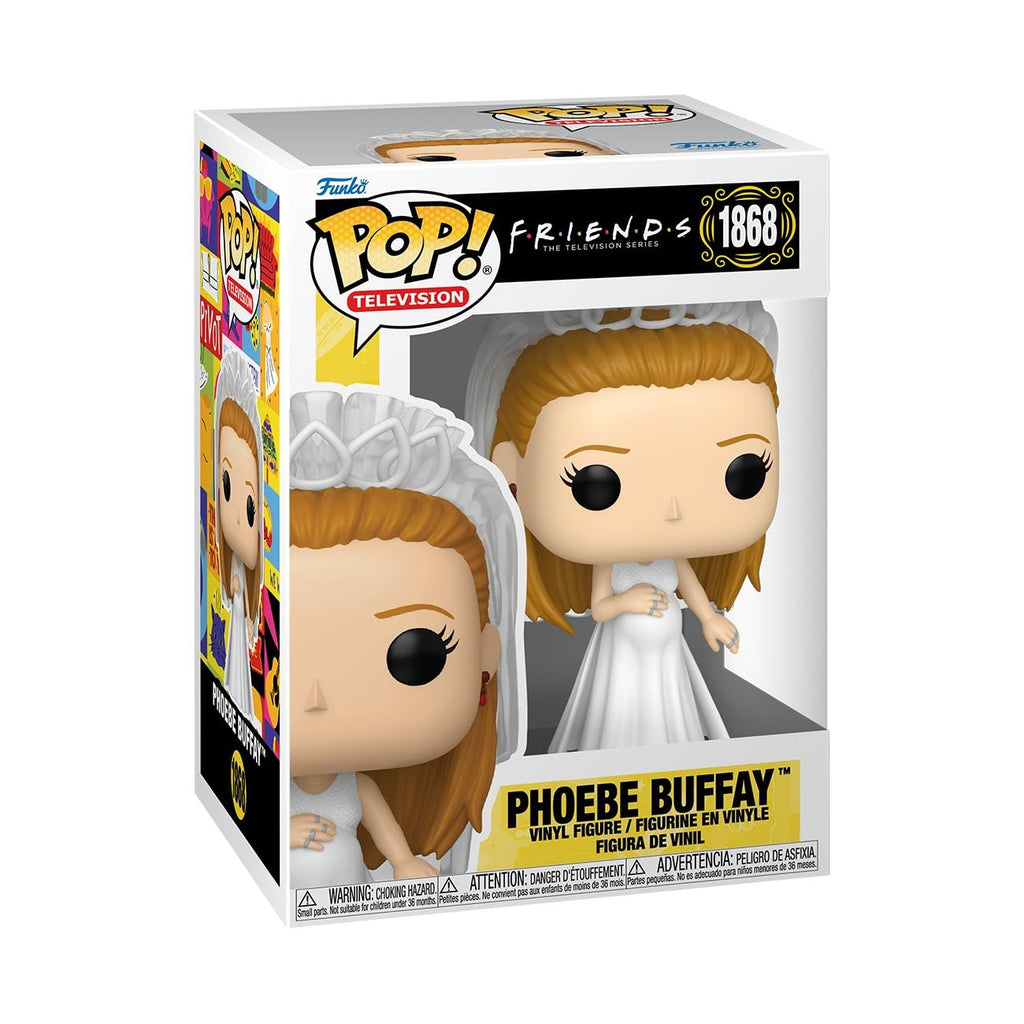 100% genuine Funko POP! figure of Phoebe Buffay from Friends, dressed in a wedding gown with a veil, in a collector's box.