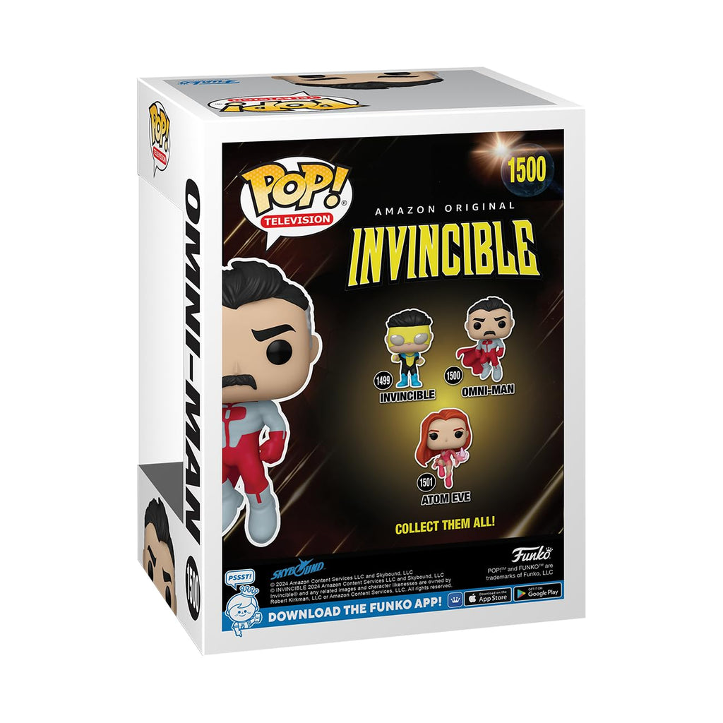 Premium imported Funko POP! figure featuring Omni-Man from Invincible. Collectible box art displays other figures in the series.